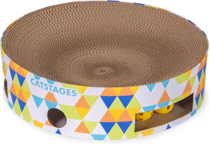 Catstages Bowl Track Scratcher 3-in-1 Ball Track, Scratcher, Lounger, 13.8" | Corrugated Scratch Pad & Lounger + Ball Track Cat Toy with 2 Balls for Interactive Play, Indoor Enrichment, Cats & Kittens
