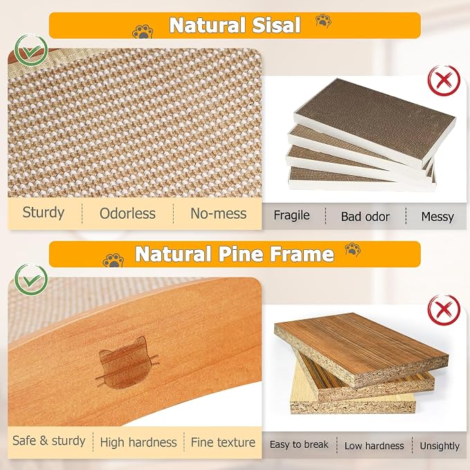 3 in 1 Sisal Cat Scratcher Bed, Solid Pine Cat Scratcher with Balls (Wood) | Extra Large Cat Scratching Post with Hammock, Cat Scratcher for Scratch & Play & Rest, Cat Furniture for Indoor Cats, Kitten