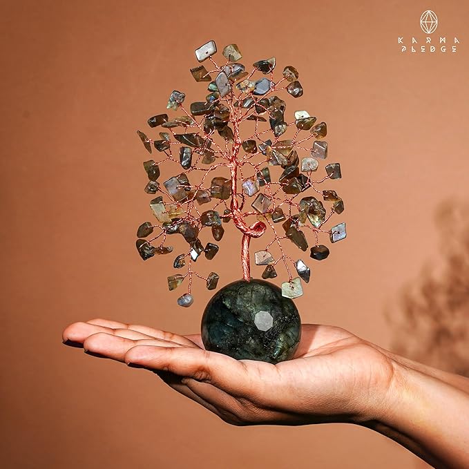 Crystal Tree of Life Birthday Gifts for Women, Handmade Home Decor, Office, Room Decoration, Labradorite Healing Crystal Chakra Tree for Money, Positivity, Reiki, Good Luck Gifts for Her, Mom & Dad