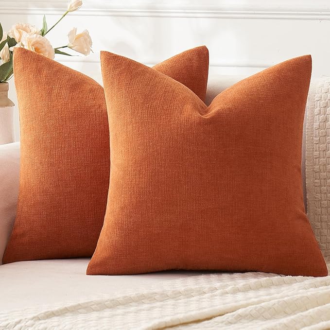 MIULEE Halloween Fall Burnt Orange Chenille Couch Pillow Covers, 20x20 | Set of 2, Soft Farmhouse Modern Home Decor, Decorative Pillowcases for Sofa Living Room Bed