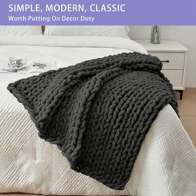Bigacogo Chunky Knit Throw Blanket for Couch, 40x40 inches, Dark Grey | Hand Knit with Jumbo Chenille, Soft Breathable Cable Knit for Sofa Bed Living Room, Machine Washable, Gift for Mom Friend