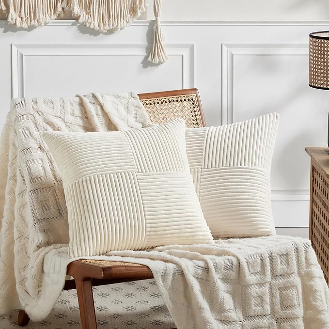 Fancy Homi Cream Lumbar Decorative Throw Pillow Covers 16x28 Inch for Living Room Couch Bed Sofa, Rustic Farmhouse Boho Home Decor, Soft Striped Corduroy Rectangle Accent Cushion Case 40x70 cm