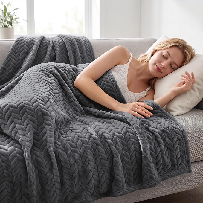 Exclusivo Mezcla Soft Fleece Bed Blanket Twin Size, 60”x80”, Dark Grey | Cozy Fluffy Lightweight Blankets for Summer, Decorative Plush Flannel Throws for Living room, Bedroom with Leaves Pattern