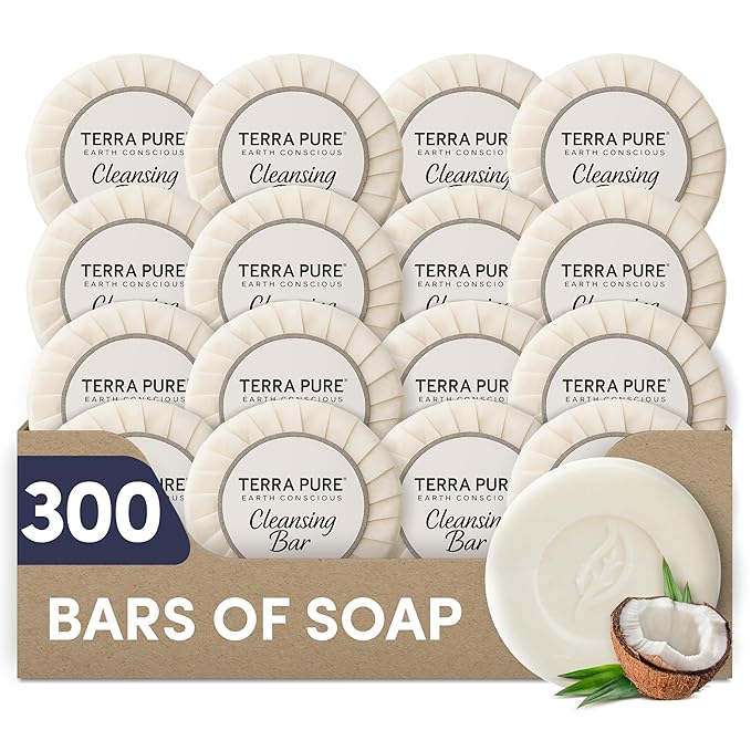 Terra Pure White Tea & Coconut Soap | Travel Size Toiletries Bulk Set for Hotel Essentials | 0.6 oz Bar Soap | 300 Pieces
