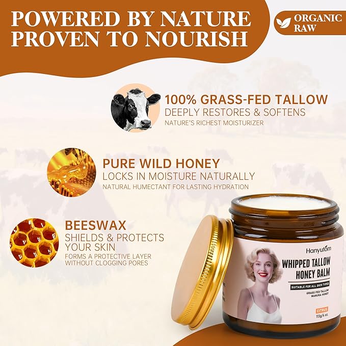 Whipped Tallow Cream for Face & Body - 100% Grass-Fed Beef Tallow, Natural Honey & Beeswax Moisturizer, Deep Hydration & Nourishment, Oil-Free & Unscented, Fast Absorbing-Citrus