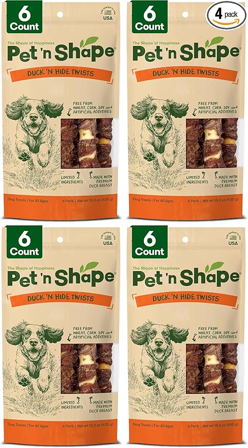Pet 'n Shape Duck 'n Hide Twist - Duck Wrapped Rawhide Natural Dog Treats, Large, 6 Count (Pack of 4)