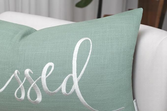 EURASIA DECOR Blessed Embroidered Lumbar Pillow Cover 12x20, Light Teal | Raised ivory script on light teal; scripture faith gift, cotton, hidden zip, solid back, cover only