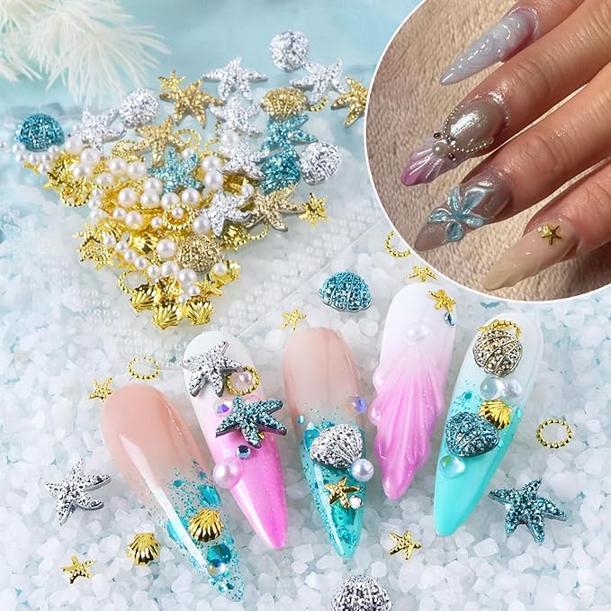 Summer Nail Art Rhinestones,Shiny Shell Starfish Nail Charms 3D Resin Nail Art Charms Metal Star Seashell Starfish Theme Summer Charms for Acrylic Nails Pearl for Women DIY Accessories Decor