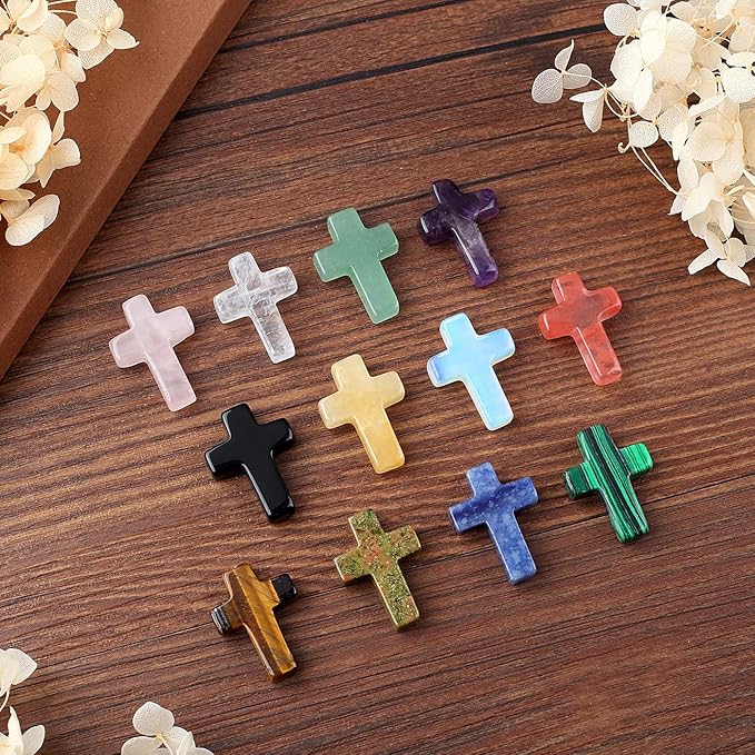 DUQGUHO 1 Inch Pocket Cross Crystals Pocket Hug Token Cross Shaped Gemstones Small Palm Crosses Stones Bulk 12PCS