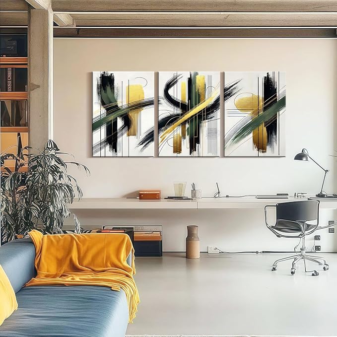 3 Pcs Framed Abstract Wall Art Modern Gallery Prints Black Green Gold Lines Canvas Painting Minimalist Poster Picture Living Room Bedroom Office Wall Decor 16x24 Inch Ready To Hang