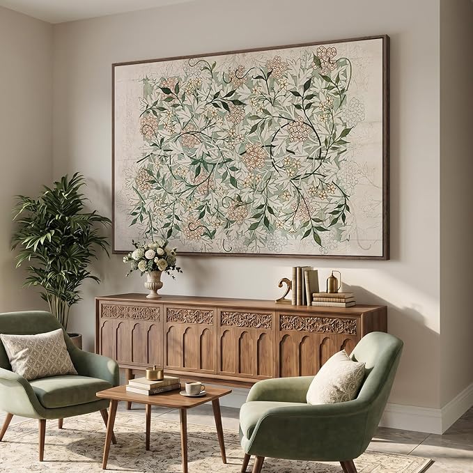 Extra Large Framed William Morris Wall Art for Living Room, Oversized Neutral Sage Green Vintage Canvas Artwork for Walls, Botanical Painting Print for Dining Room Bedroom Hallway Wall Decor, 72x48 In
