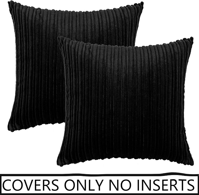 UGASA Super Soft Plush Corduroy Pillow Covers Solid Textured Large Throw Euro Pillow Sham Cushion Cover for Couch Floor, 2 Pcs, 18 x 18(45cm), Black