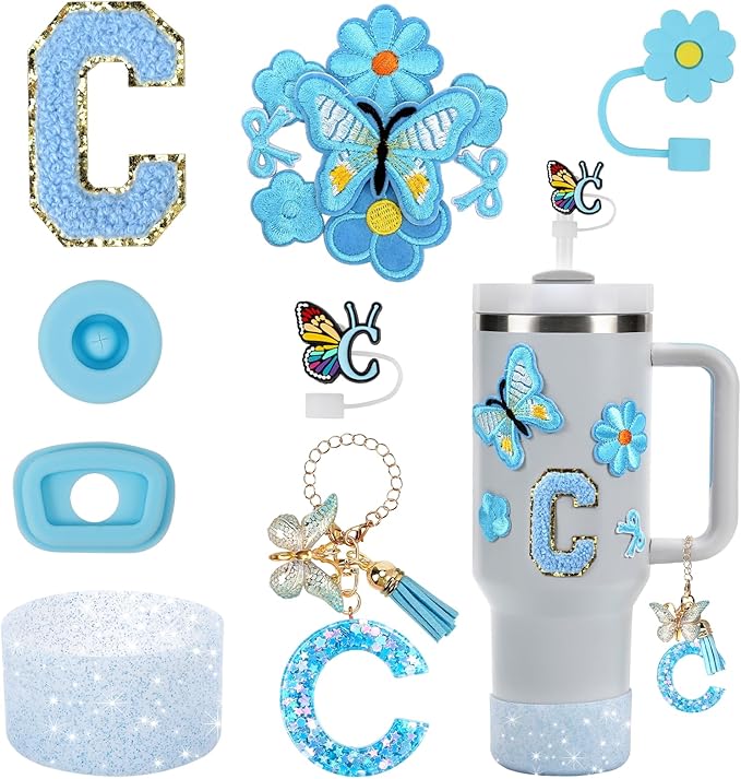 15PCS Cup Accessories Set for Stanley Cup 30oz 40oz Tumbler with Handle, Including Silicone Straw Cover and Boot, Spill Proof Stopper, Stanley Charms, Handle Charm, Initials Sticker
