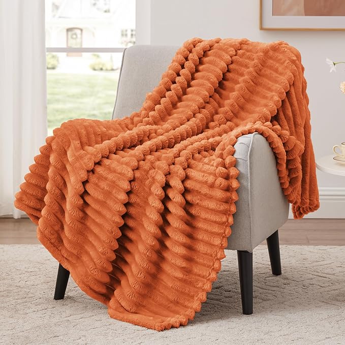 EXQ Home Fall Blanket Twin Size for Couch or Bed - 3D Stripe Jacquard Decorative Fleece Blankets - Cozy Soft Lightweight Fuzzy Flannel Blanket Suitable for All Seasons(60"×80",Orange)