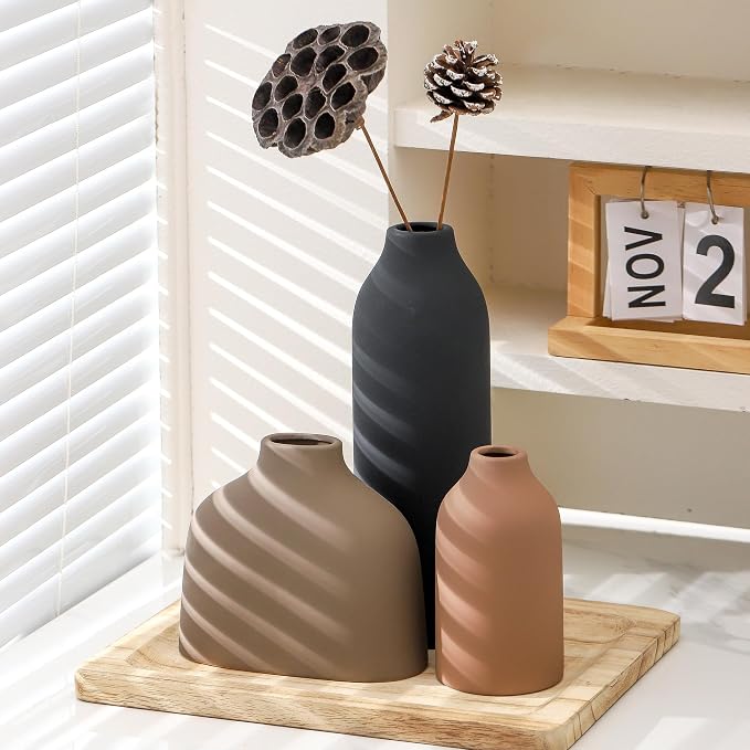 Enra Modern Ceramic Vase Set of 3, Minimalist Pottery Vases for Home Decor | 3-piece matte pottery accents in varied sizes, perfect for shelves, tables, mantels, dried flowers and pampas grass styling.