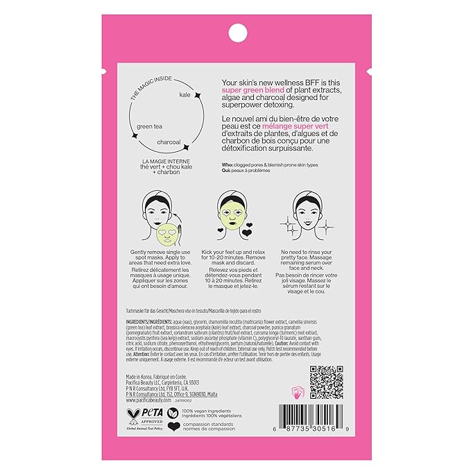 Pacifica Super Green Detox Sheet Mask – Charcoal, Kale & Clay Pore Cleansing Mask for Oily, Blemish-Prone Skin, Deep Detox Facial Mask, Vegan