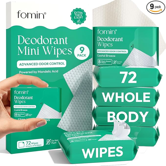 FOMIN Acidified Travel Deodorant Mini Wipes For Women & Men- Costal Breeze - 72 Count - pH Balanced, Biodegradeable Mini Deodorant Travel Size Wipes - Plastic-Free, Underarm Body Wipes
