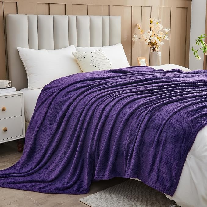 NEWCOSPLAY Fleece Leaves Pattern Twin Blanket, Dark Purple, 60"x80" | Super Soft Throw Blanket, Lightweight Cozy Bed Sofa Blanket, Premium Silky Flannel Fleece, Travel Blanket for All Season Use