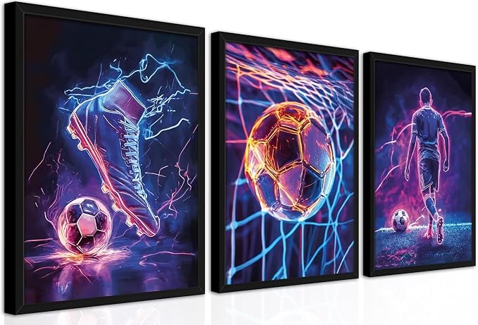 BGFCE Cool Soccer Gaming Wall Art Posters Set of 3, Neon Video Gamer Canvas Pictures, Colorful Soccer Game Painting Prints for Boys Room, Gaming Room Decor for Kids Gamer Room 12x16 inch Unframed