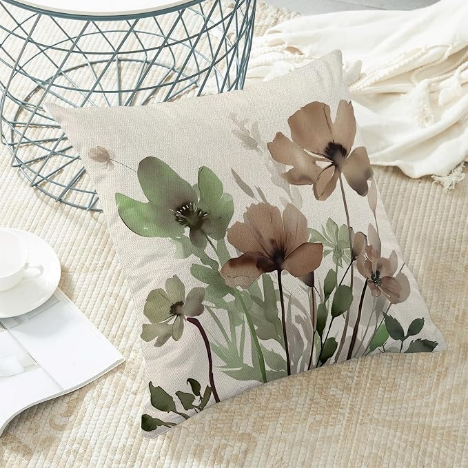 Spring Floral Pillow Covers 16x16 Inches Set of 2 Sage Green Brown Floral Throw Pillow Cover Outdoor Rustic Summer Flower Decoration Pillowcase Farmhouse Decorative Cushion Cover For Home Sofa