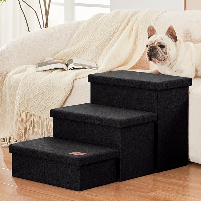 Love's cabin Dog Stairs for High Bed, Foldable Pet Stairs for Small Medium or Large Dogs Puppy with Storage for Bed or Couch, Cat Dog Steps Ramp with Zip up to 200 lbs, Black, 3 Steps