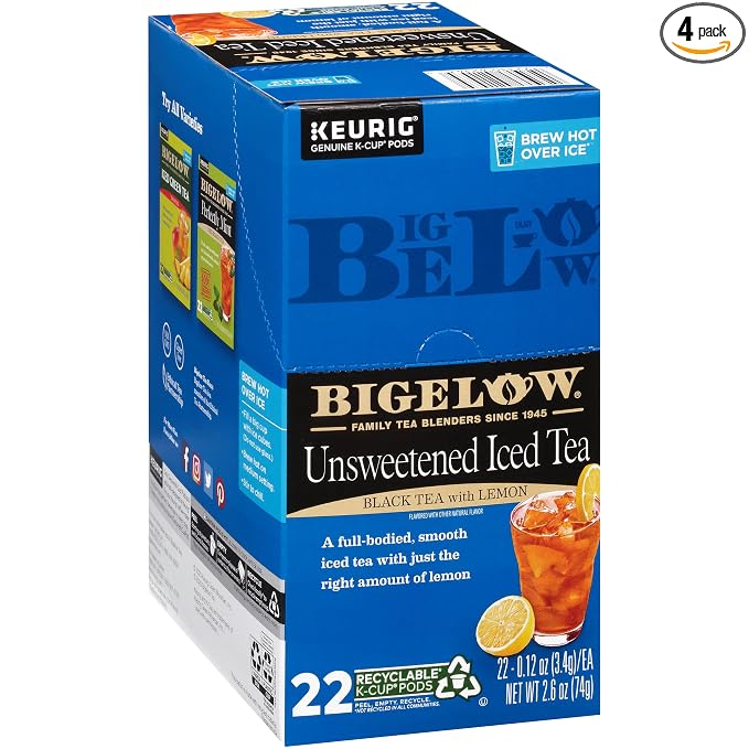 Bigelow Tea Unsweetened Iced Black Tea with Lemon Keurig K-Cup Pods, Caffeinated Tea Keurig Tea Pods, 22 Count (Pack of 4) 88 Total K-Cup Pods