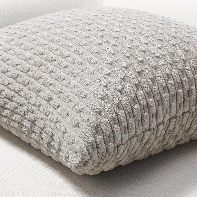 Softalker Corduroy Decorative Throw Pillow Covers 16x16, Set of 2, Grey | Soft Boho Striped Pillow Cases, Couch Fluffy Cushion Covers for Farmhouse Home Decor Bed Living Room