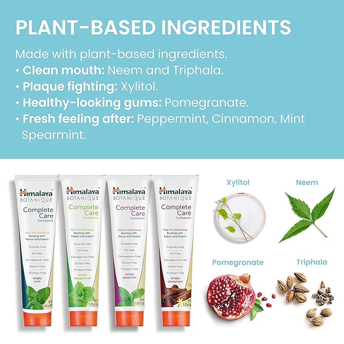 Himalaya Botanique Complete Care Toothpaste, Herbal, Variety Pack, Fights Plaque, Freshens Breath, Fluoride Free, No Artificial Flavors, SLS Free, Cruelty Free, Foaming, 5.29 Oz, 4 Pack