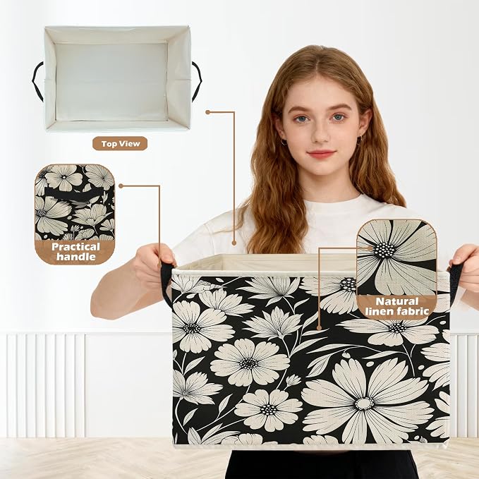 Black and White Floral Storage Box Bins, Vintage Botanical Daisy Flower Collapsible Storage Basket Organizer for Bedroom Laundry Room Home Clothes Books, Decor for Room