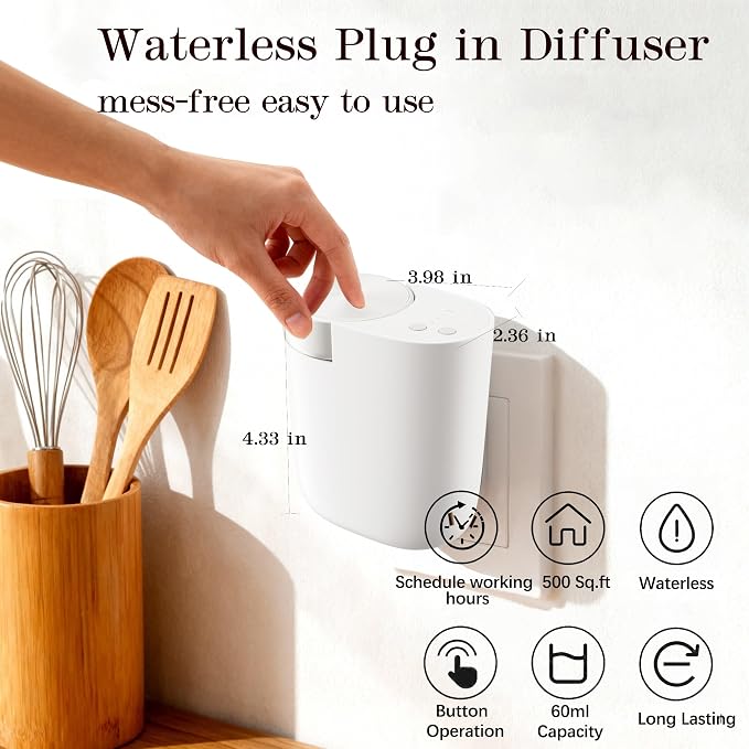 Waterless Diffuser for Essential Oil, Plug in Wall Scent Diffuser for Home, Quiet Cold Air Aromatherapy Diffuser with 500 Sq Ft Coverage, Includes 2×30ml Hotel-Inspired Oils (Pure White)
