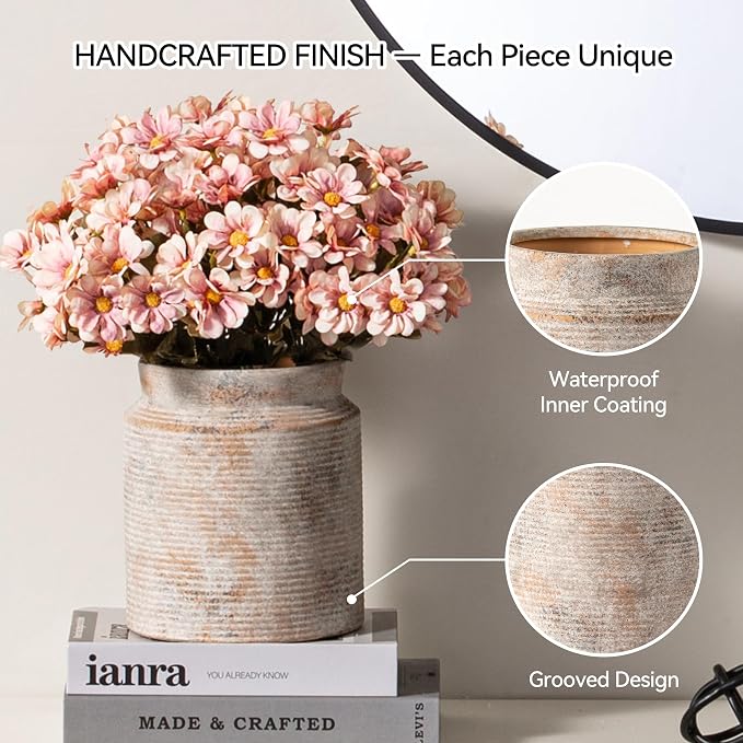 Ceramic Flower Vase 7.5 inch Farmhouse Rustic Vase for Home Decor Handcrafted Pottery Terracotta Vases for Dining Table Decor Fireplace Living Room Bathroom Wedding Centerpiece (M-Terracotta)