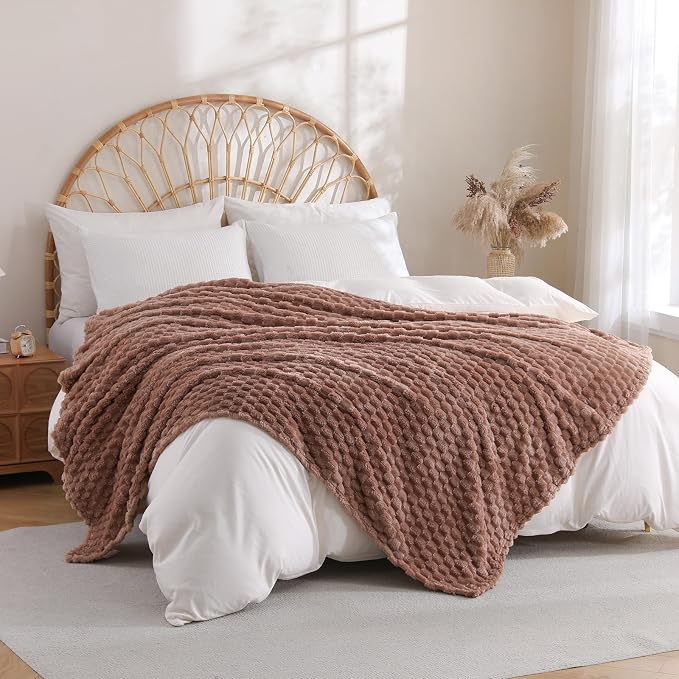 Light Brown Fleece Throw Blanket 60”×80” for Couch Sofa Bed Super Soft Cozy Plush Microfiber Flannel Blanket with 3D Jacquard Decorative Lightweight for Mom Woman