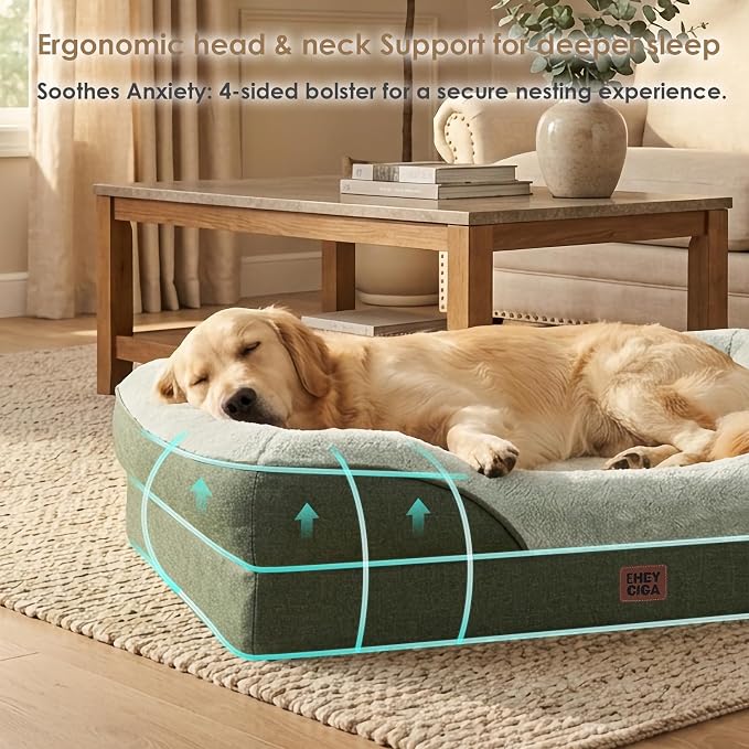 EHEYCIGA Orthopedic XL Dog Bed for Large Dog, Memory Foam Dog Couch, Green | 48x35 Inch Extra Large Sized Dog Sofa with Sides, Waterproof Liner & Washable Removable Cover, Bolster Pet Couch