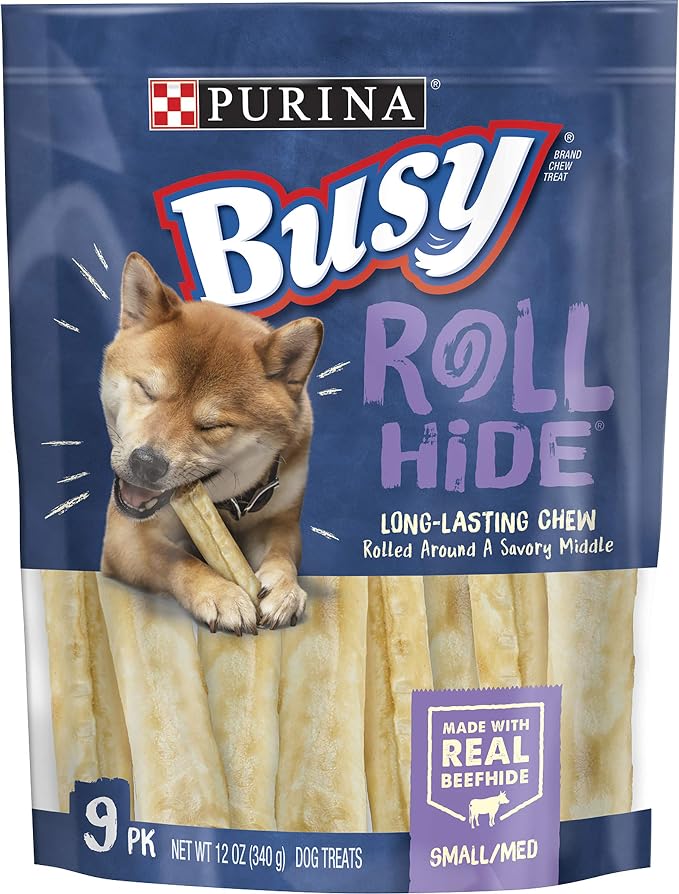 Purina Busy Rawhide Small/Medium Breed Dog Bones, Rollhide | Basted beefhide exterior with a savory middle and no artificial colors or flavors, long lasting chew that helps clean teeth