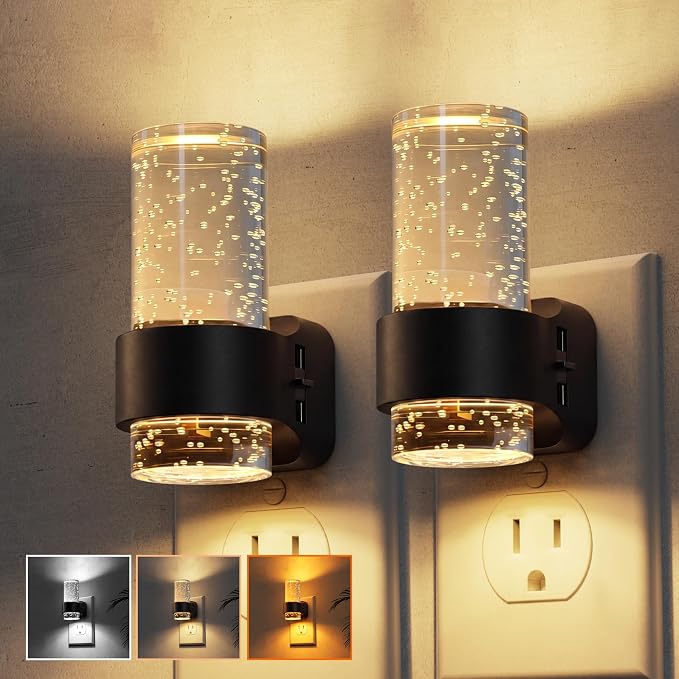 L LOHAS LED Night Lights Plug into Wall, 2 Pack Mini Dimmable Night Light | Dusk-to-Dawn, Soft White/Cool White/Amber 3 Light Color, 0-100LM Adjustable Brightness, Bubble Nightlight for Hallway