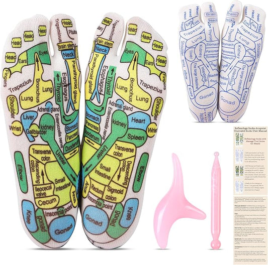 Reflexology Socks Set with Tools Pink, 2 Pairs Chiro Acupressure Acupuncture Trigger Point Foot Pain Relief Remedy Acupoint Massage Birthday Gifts for Women D