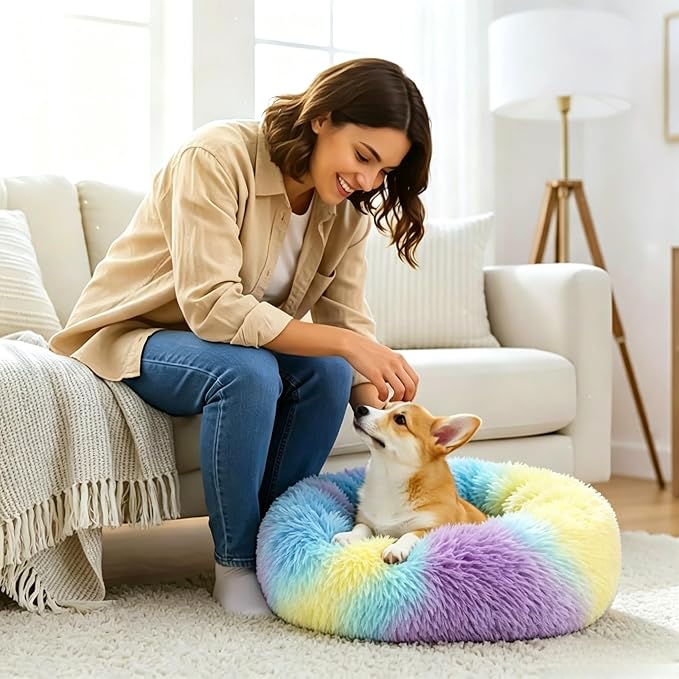 Calming Donut Dog and Cat Bed for Indoor Cats, Anti-Anxiety Round Fluffy Soft Washable Small Pet Bed for Puppy and Kitten, Warming Comfortable Luxury Anti-Slip Waterproof Mute Base 20in Rainbow