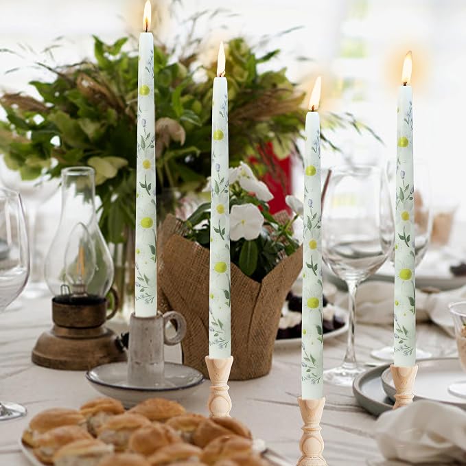 Daisy Printed Taper Candles Smokeless- 4 pcs Handmade White Taper Candle - Dripless Uncented Candle 10 inches Long Flower Printed Tapered Candles for Home Party Wedding Restaurant Holiday Decor