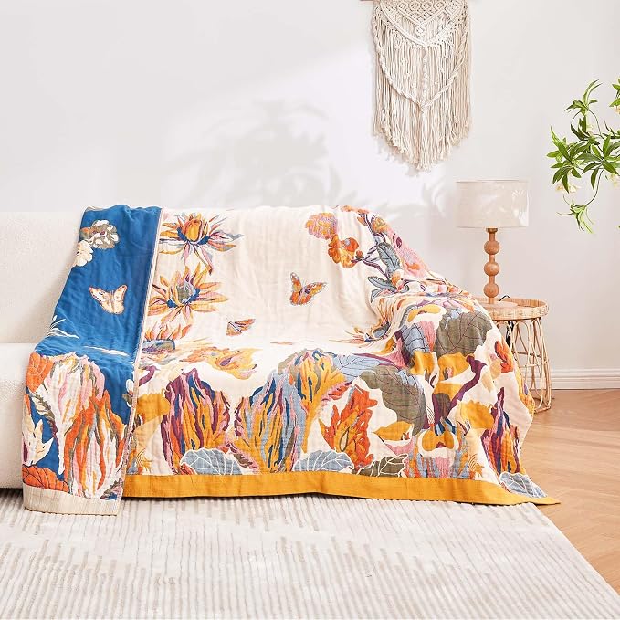XIBLC Boho Throw Blanket, 100% Cotton Ultra Soft Luxury Throw Rustic Quilt, 50"x60" Floral Bird Butterfly Farmhouse Decor Bed Blankets, All Season Rustic Reversible Bohemian Throw for Bed - Yellow