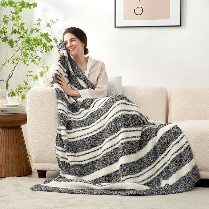 Snuggle Sac Heather Throw Blanket for Couch, Reversible Super Soft Blankets Warm Cozy Knit Fuzzy Plush Lightweight for Sofa, Bed, Camping, Picnic (Stripe Black, Throw(50"x 60"))