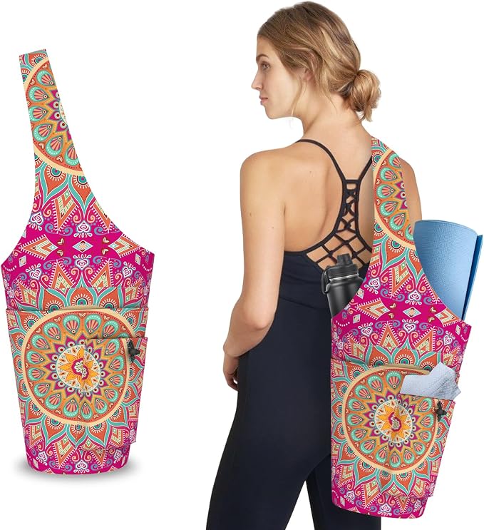 Mandala Yoga Mat Bag with Large Waterproof Zipper Pocket and Drawstring Pocket Long Tote Yoga Mat Carrier Holder Bags Fit Most Size Mats
