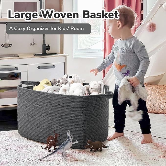 Goodpick 85L Large Woven Rope Blanket Basket, Rectangle, Dark Gray | 23.6'' x 15.7'' x 13.8'' Storage Basket for Blankets, Clothes, Toys & Pillows, Living Room, Bedroom & Nursery Organization