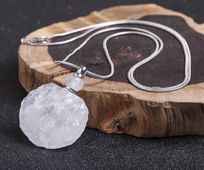 AMOYSTONE Natural Crystal Perfume Necklace Women Long Necklace Clear Quartz Gemstone Perfume Essential Oil Diffuser Bottle Pendant, 1P Irregular Unpolished