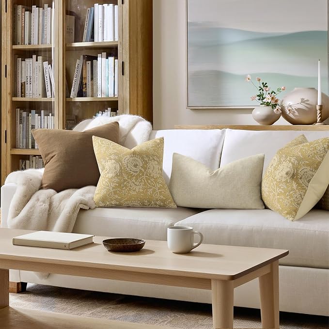 Vintage Floral Print Throw Pillow Covers 26x26 Set of 2 Neutral Modern Farmhouse Pillowcases Accent Decorative Cushion Covers Boho Home Decor for Couch Sofa Chair Bed Living Room, Yellow