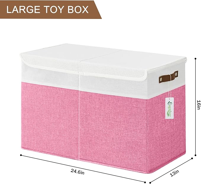 Large Toy Storage Box with Lids, Collapsible Sturdy Baby Storage Organizer Chest Bin Basket for Kids, Boys, Girls, Playroom, Nursery, Bedroom, Closet 25"x13"x16" (Pink and White)