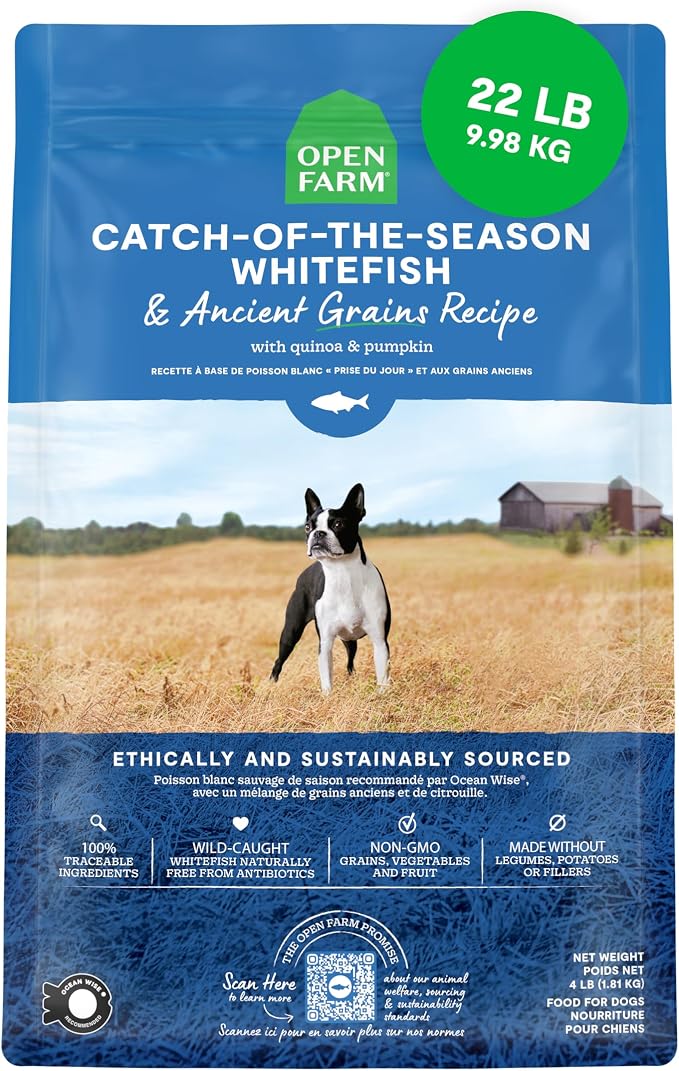 Open Farm Ancient Grains Dry Dog Food, Wild Caught Whitefish Kibble, 22lb | All Life Stages, All Breed Sizes, Protein-Rich & Nutrient Dense, 100% Traceable Ingredients, Non-GMO Fruits & Veggies.