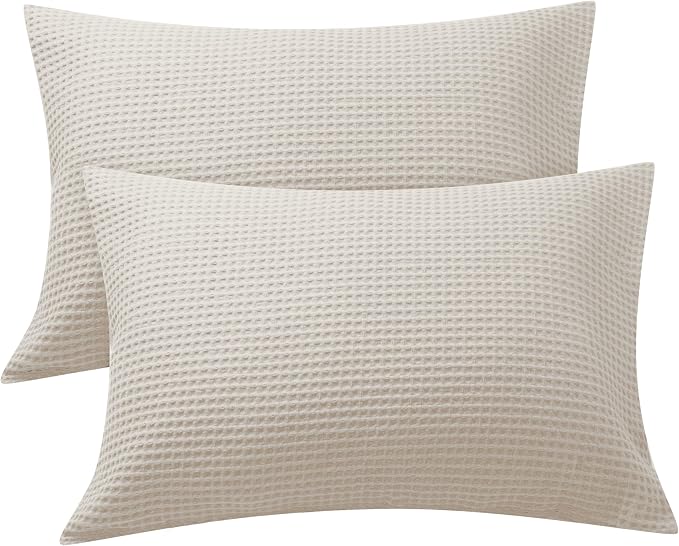 Zaizaihome 100% Egyptian Cotton Waffle Weave Pillowcases Queen Size 2 Pack | Ultra Soft Pillow Shams with Envelope Closure, Breathable Skin-Friendly Decorative Bed Pillow Case, Beige, 20"x30"