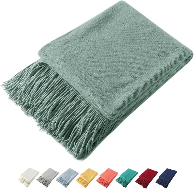 Homiest Sage Green Knitted Throw Blanket with Fringe, 50x60 Inch | Pure Acrylic, Lightweight & Breathable, All-Season Use, Machine Washable, Wrinkle & Fade Resistant, for Couch Sofa And Bed