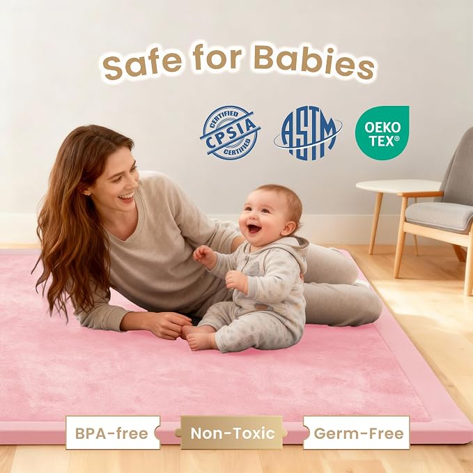 ACOMOPACK Baby Play Mat for Floor 1.3" Thick Memory Foam Play Mats 71"×79" Tummy Time Crawling with Non-slip Bottom for Living Room,Nursery,Soft Velvet Playpen for Kids,Infants（Pink）