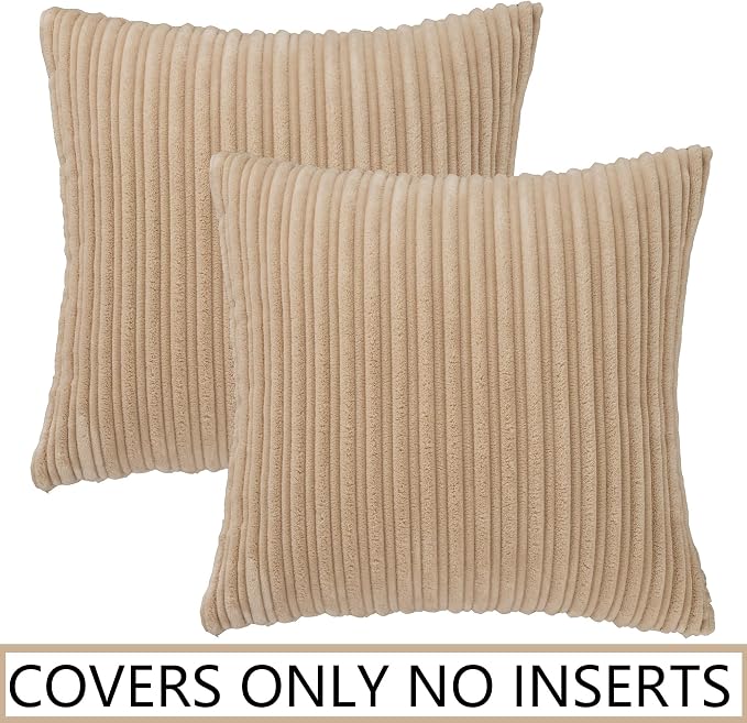 UGASA Velvet 24x24 Inch Soft Throw Pillow Covers Decorative Corduroy Striped Both Sides Solid Square Cushion Cases Boho Farmhouse for Couch Bedroom Sofa Home, Pack of 2, Beige